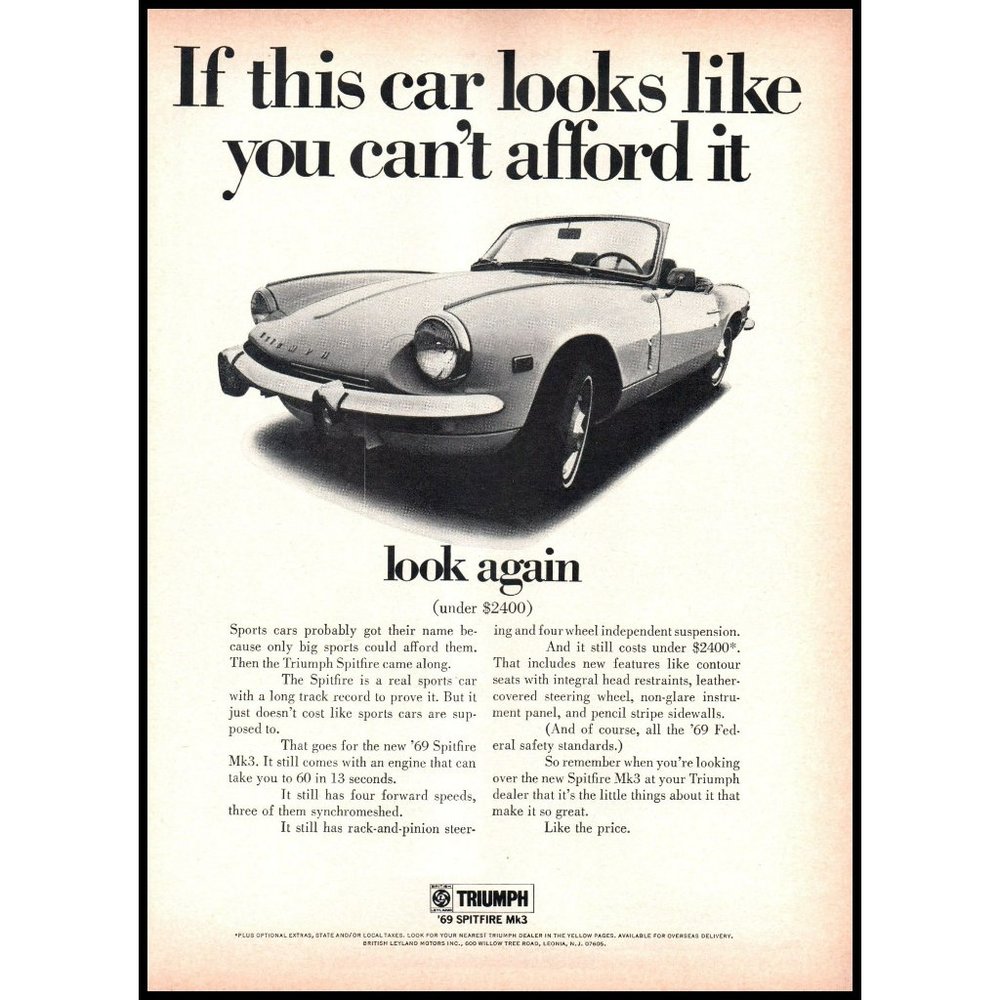 1969 Triumph Spitfire Mk3 Convertible Roadster Vintage Print Ad Man Cave Art 60s